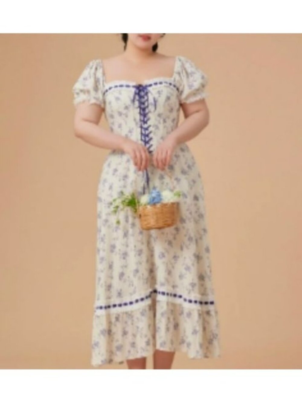 Lacemade Floral Dress Lace Trim & Corset Tie 100% Cotton M Lined Blue & Cream